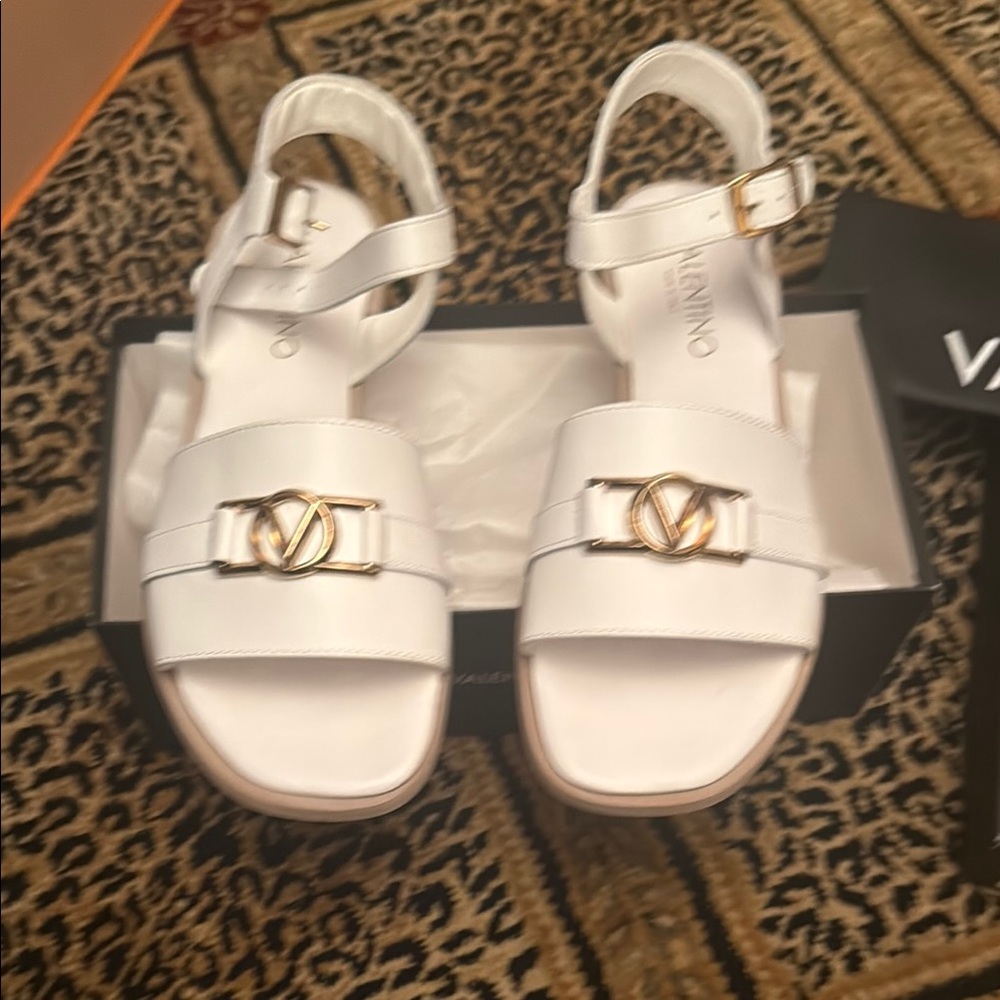 Valentino White Leather Sandals with Ankle Strap